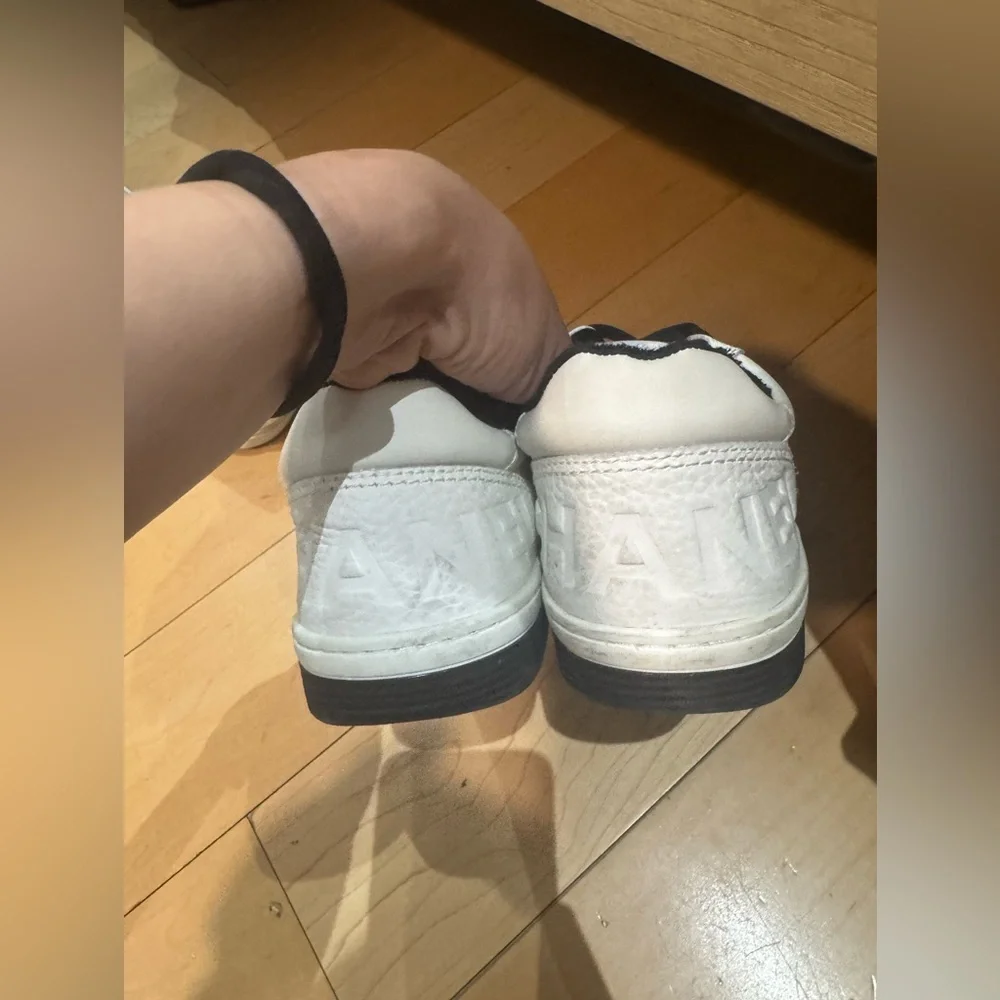 CHANEL White and Black Leather Sneakers